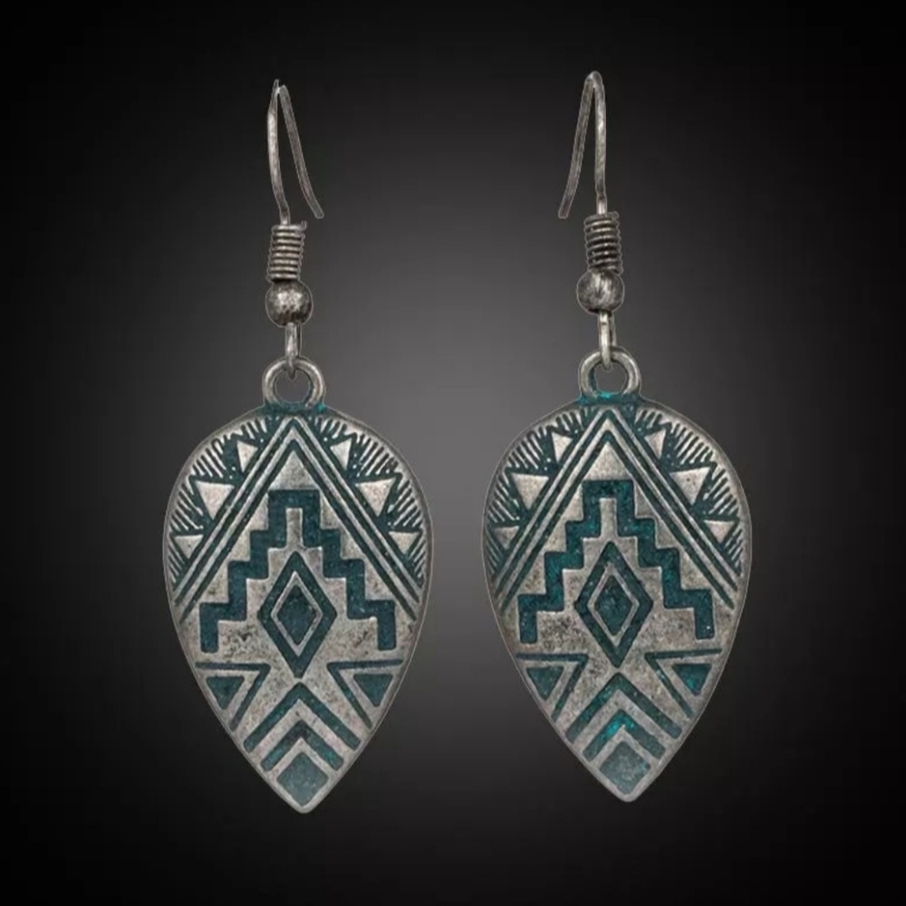 Vintage Aztec Silver Dangle Earrings 2"